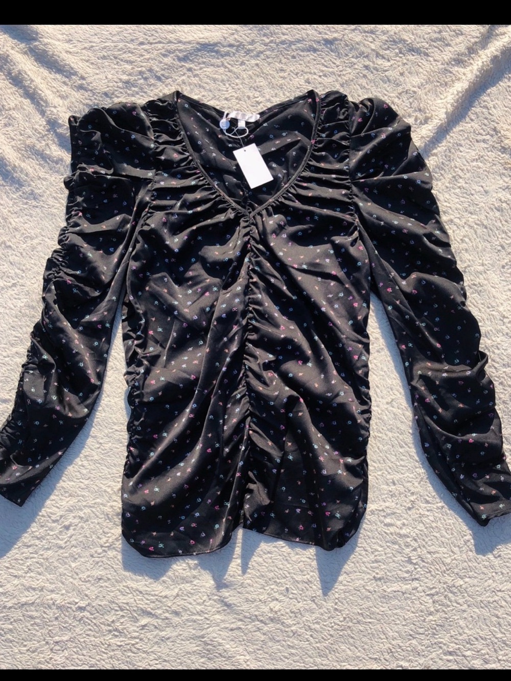 Wayf Black V-Neck Ruched Long Sleeve Top with Tiny Multicolor Dots